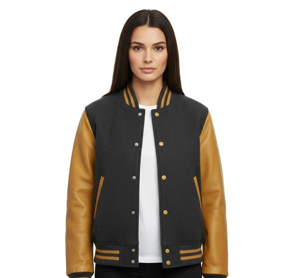 Women's Varsity Bomber Letterman Dark Gray Wool & Gold Real Leather Sleeves Jacket