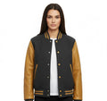 Women's Varsity Bomber Letterman Dark Gray Wool & Gold Real Leather Sleeves Jacket
