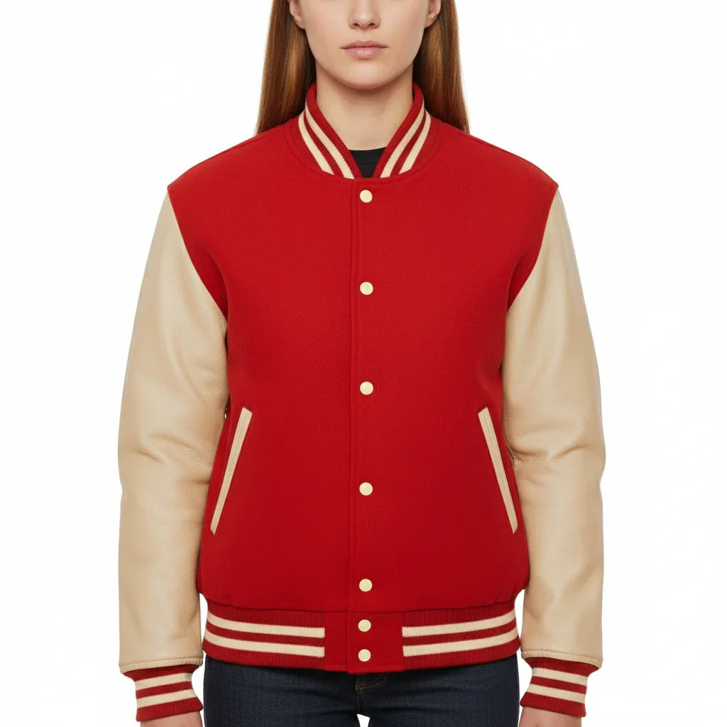 Women's Varsity Bomber Letterman Red Wool & Cream Real Leather Sleeves Jacket