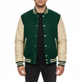 Varsity Bomber Letterman Forest Green Wool & Cream Real Leather Sleeves Jacket