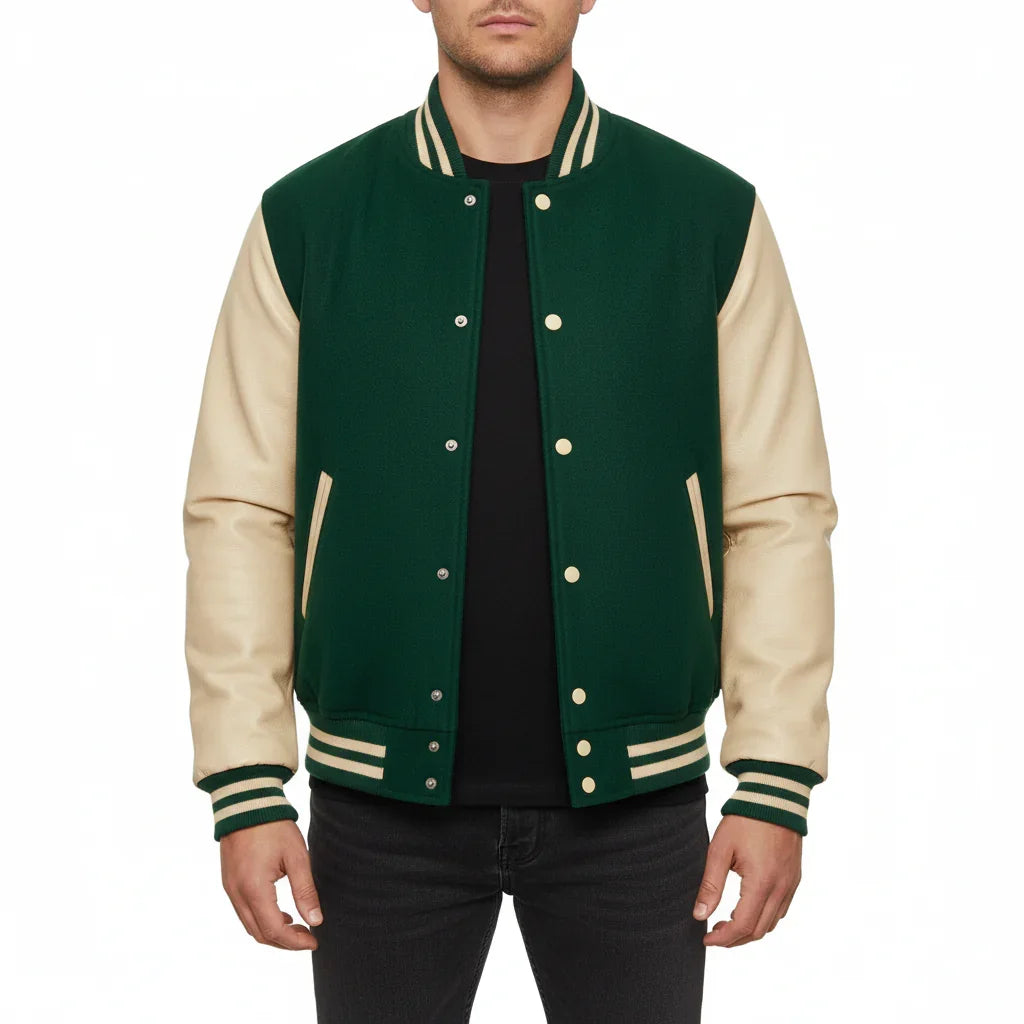 Varsity Bomber Letterman Forest Green Wool & Cream Real Leather Sleeves Jacket