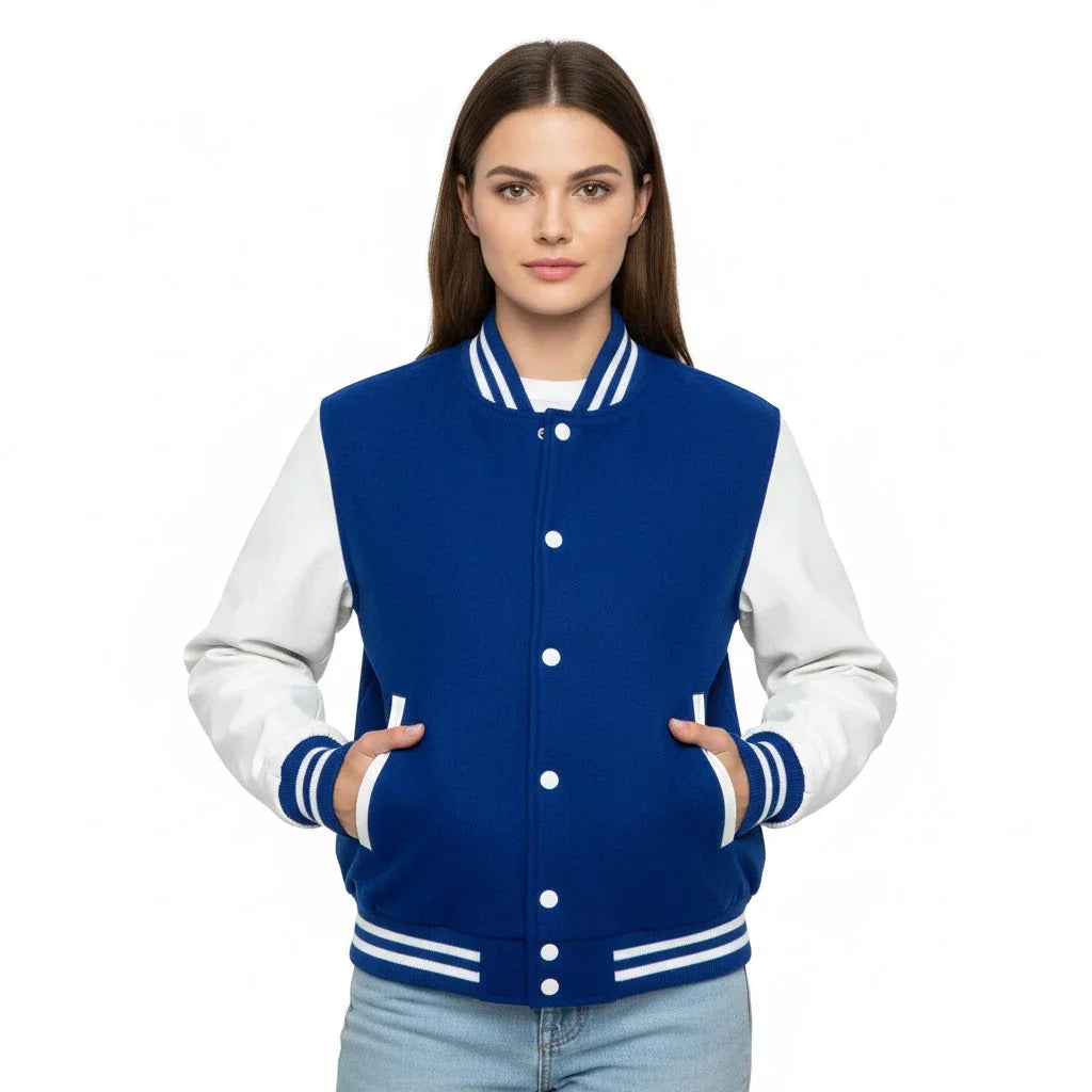 Women's Varsity Letterman Royal Blue Wool & White Real Leather Sleeves Bomber Jacket