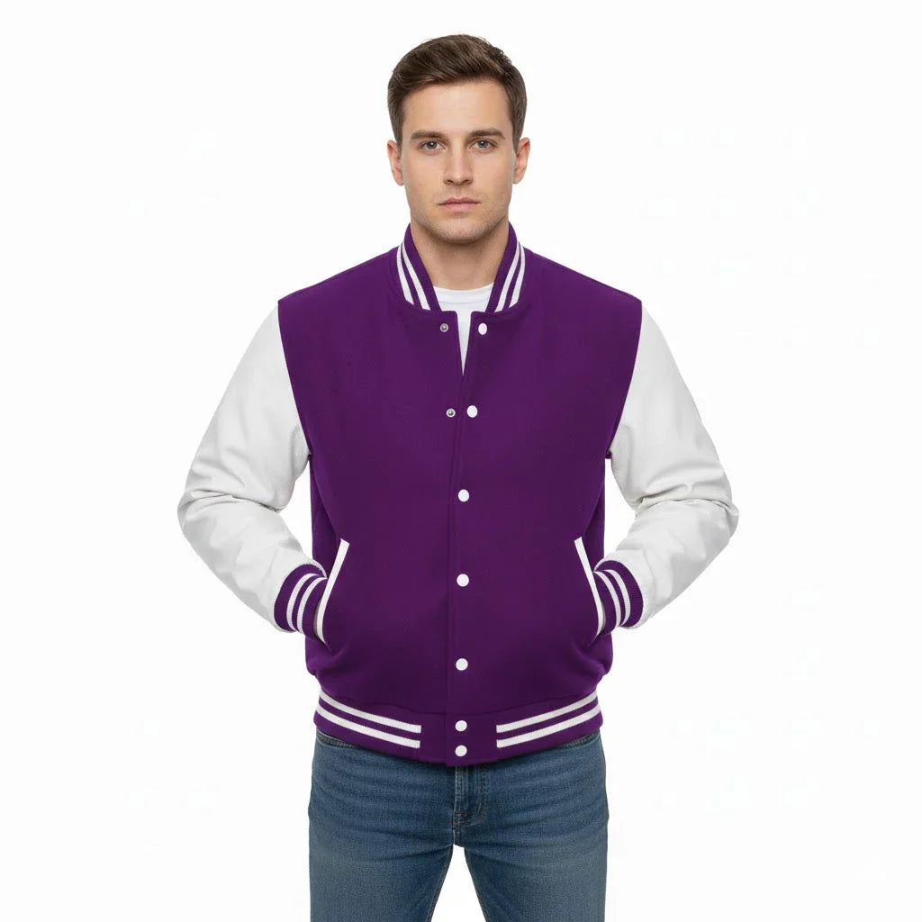 Varsity Bomber Letterman Purple Wool & White Real Leather Sleeves Jacket