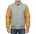 Varsity Bomber Letterman Lt.Gray Wool & Gold Real Leather Sleeves Jacket