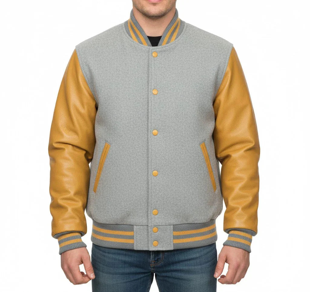 Varsity Bomber Letterman Lt.Gray Wool & Gold Real Leather Sleeves Jacket