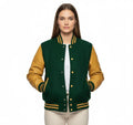 Women's Varsity Bomber Letterman Forest Green Wool & Gold Real Leather Sleeves Jacket