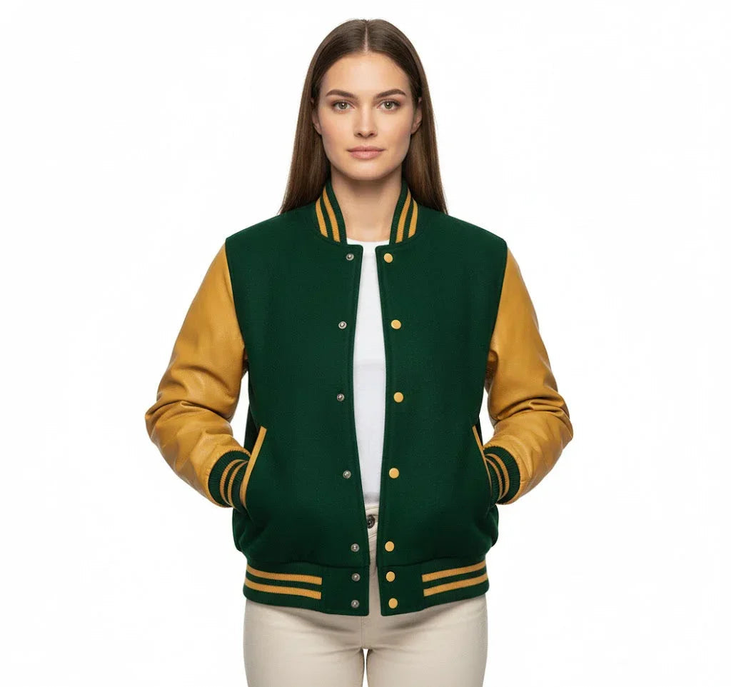 Women's Varsity Bomber Letterman Forest Green Wool & Gold Real Leather Sleeves Jacket