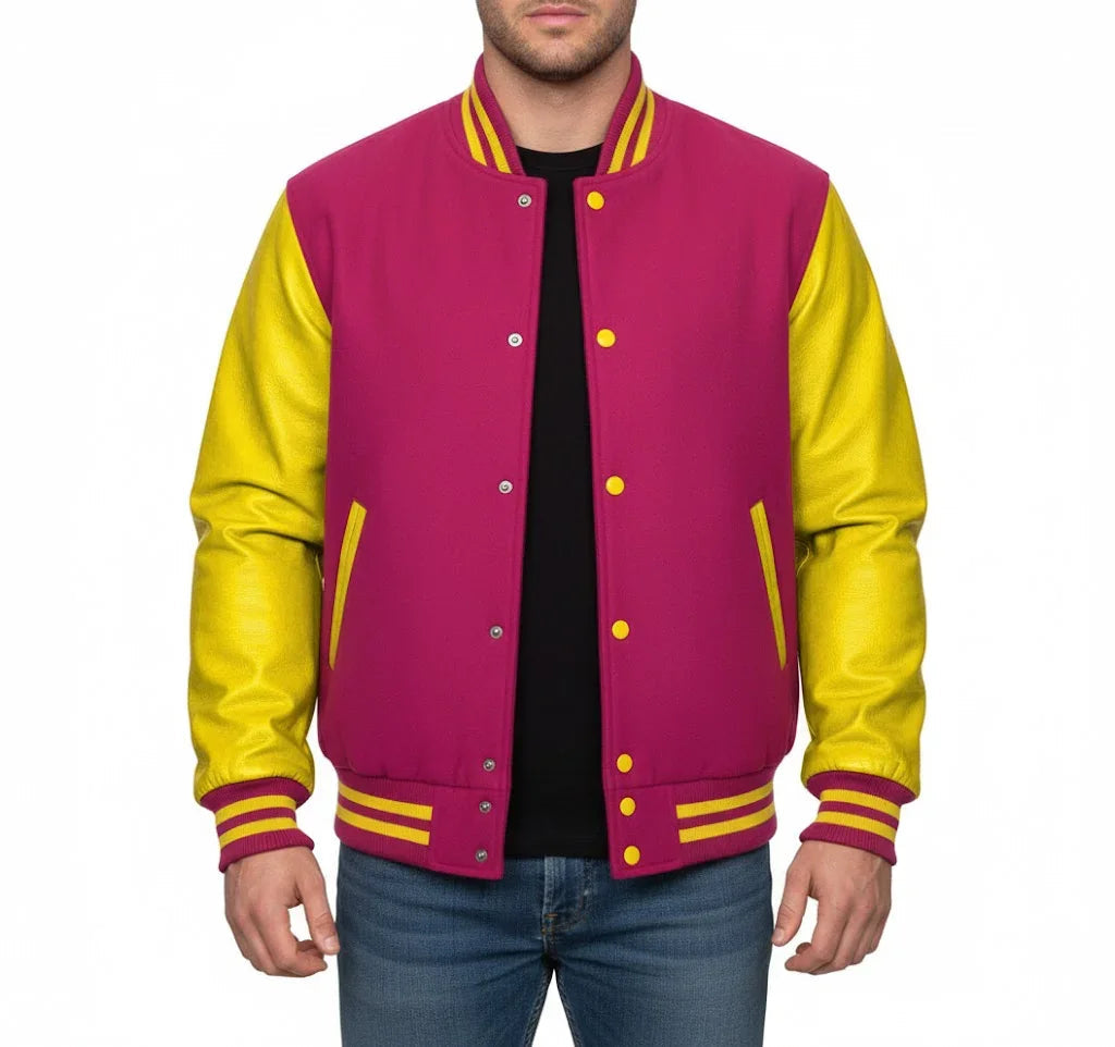 Varsity Bomber Letterman Hot Pink Wool & Yellow Real Leather Sleeves Jacket