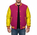 Varsity Bomber Letterman Hot Pink Wool & Yellow Real Leather Sleeves Jacket