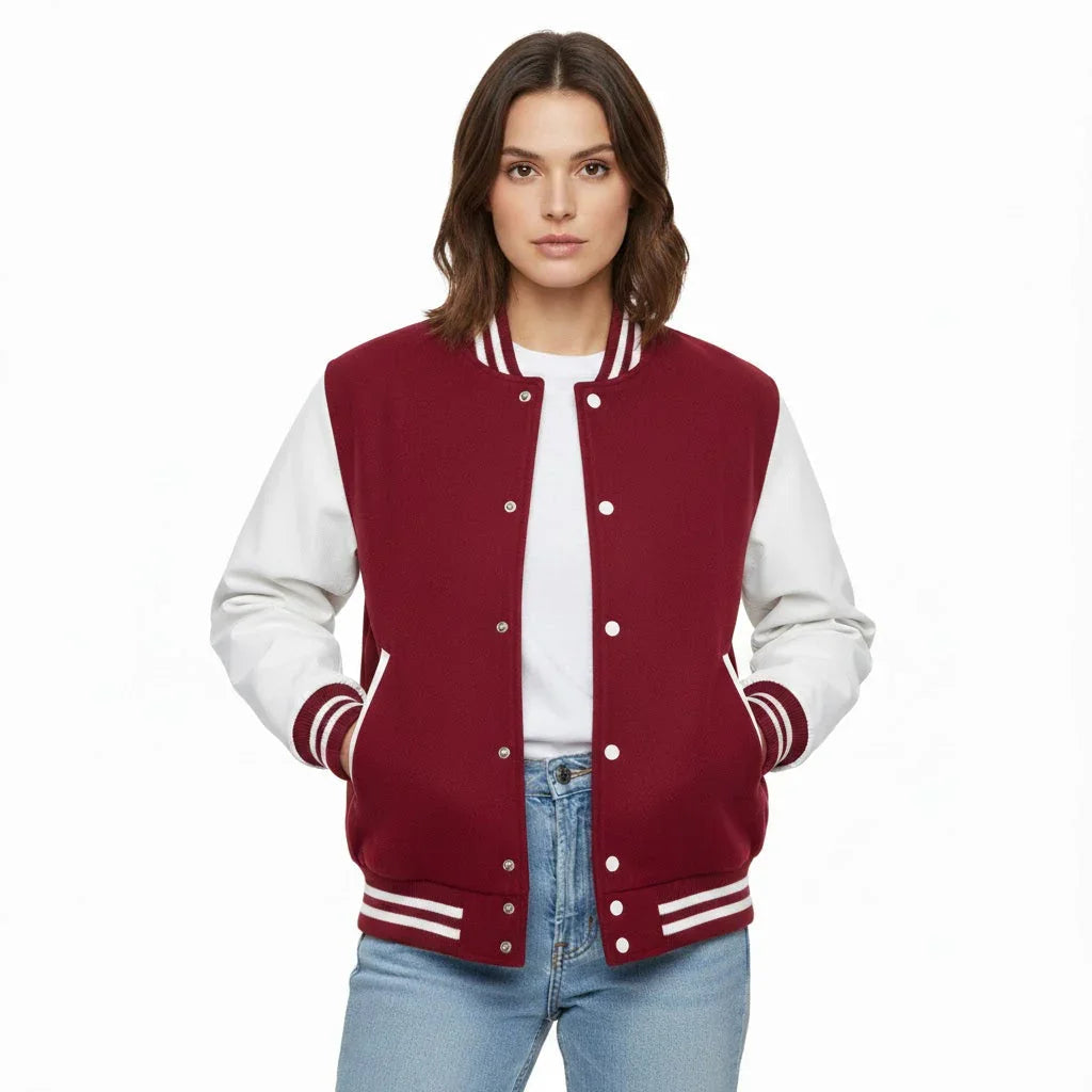 Women's Varsity Letterman Maroon Wool & White Real Leather Sleeves Bomber Jacket