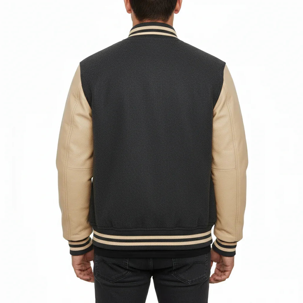 Varsity Bomber Letterman Dark Grey Wool & Cream Real Leather Sleeves Jacket