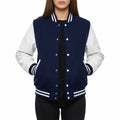 Women's Varsity Letterman Navy Wool & White Real Leather Sleeves Bomber Jacket