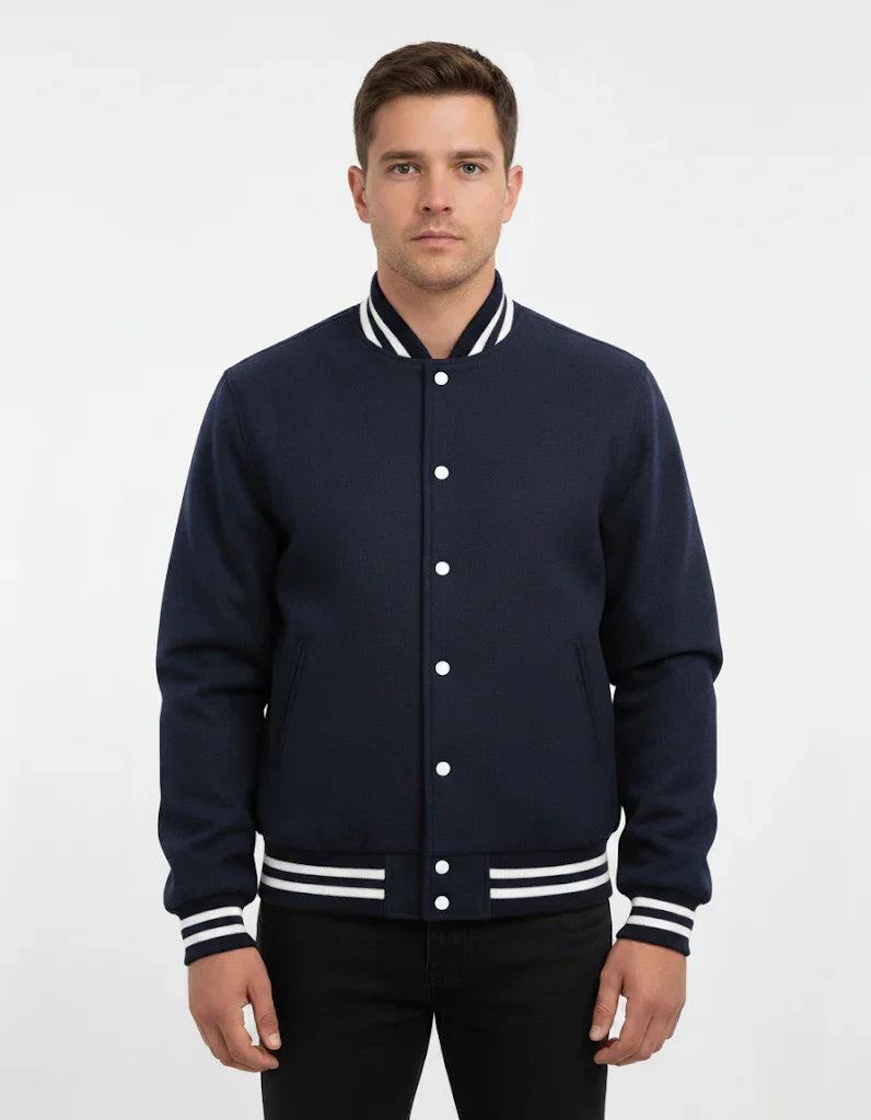 All Wool Varsity Bomber Letterman Navy Jacket