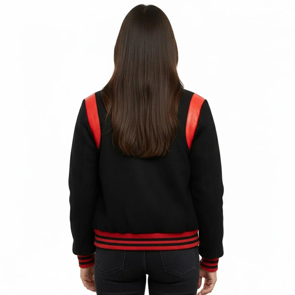 All Wool Women's Varsity Bomber Letterman Black Single Red Leather Stripe Jacket