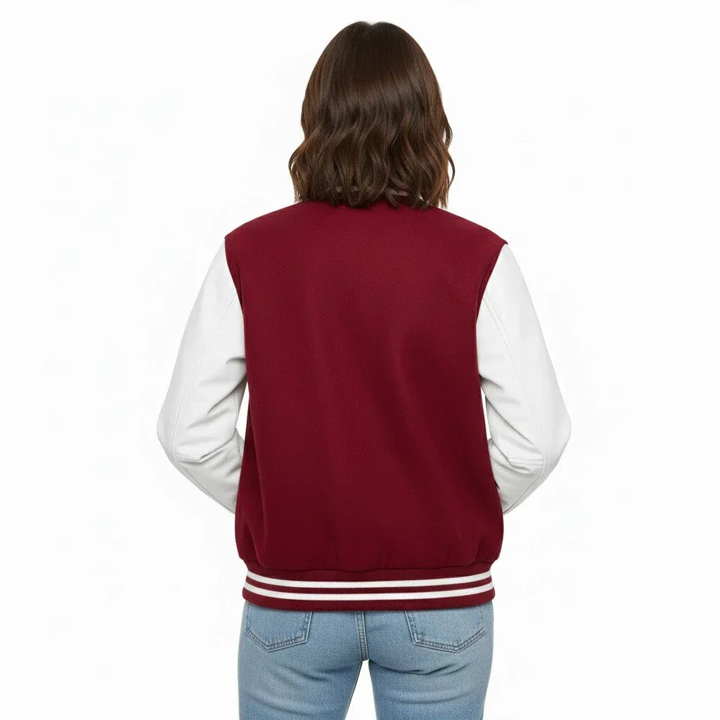 Women's Varsity Letterman Maroon Wool & White Real Leather Sleeves Bomber Jacket