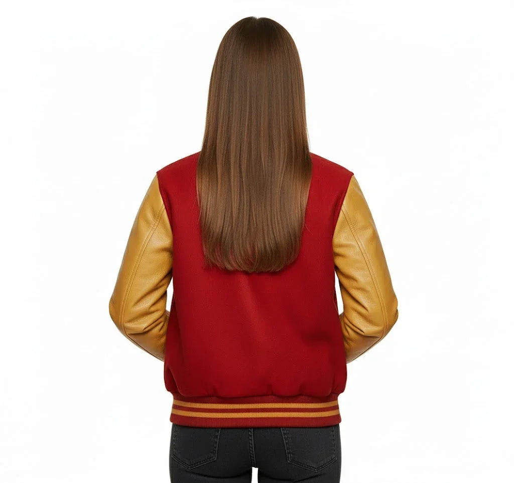 Women's Varsity Bomber Letterman Red Wool & Gold Real Leather Sleeves Jacket