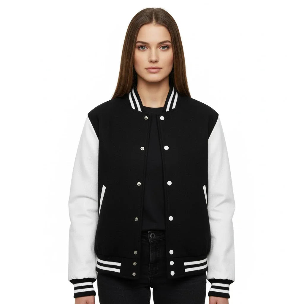Women's Varsity Letterman Black Wool & White Real Leather Sleeves Bomber Jacket