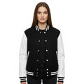 Women's Varsity Letterman Black Wool & White Real Leather Sleeves Bomber Jacket