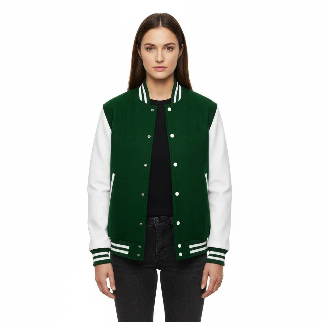 Women's Varsity Letterman Forest Green Wool & White Real Leather Sleeves Bomber Jacket