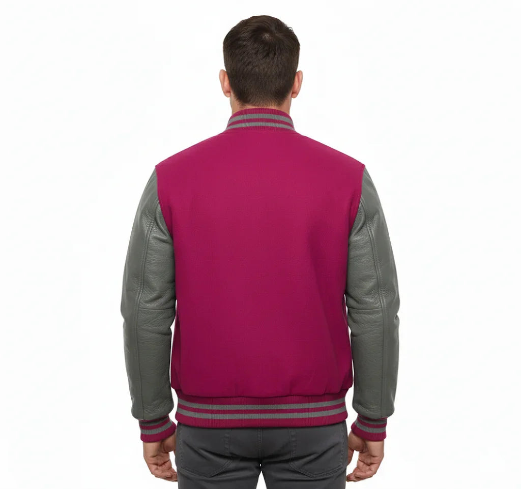Varsity Bomber Letterman Hot Pink Wool & Gray Real Leather Sleeves Jacket