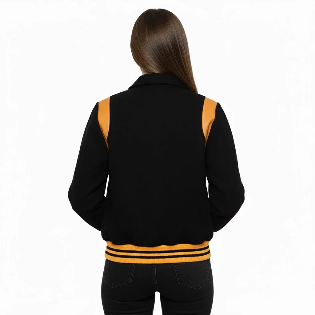 All Wool Women's Varsity Bomber Letterman Black Single Gold Leather Stripe Jacket