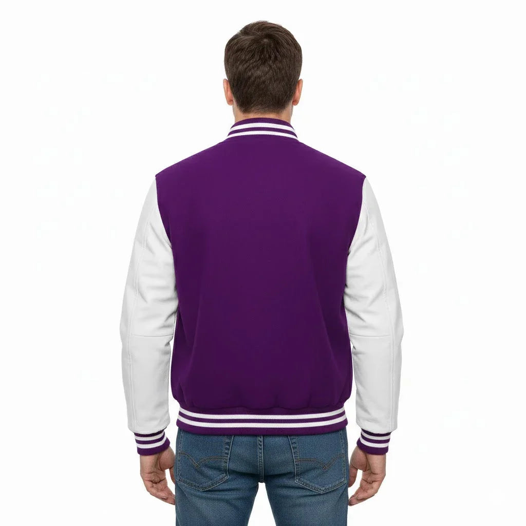 Varsity Bomber Letterman Purple Wool & White Real Leather Sleeves Jacket