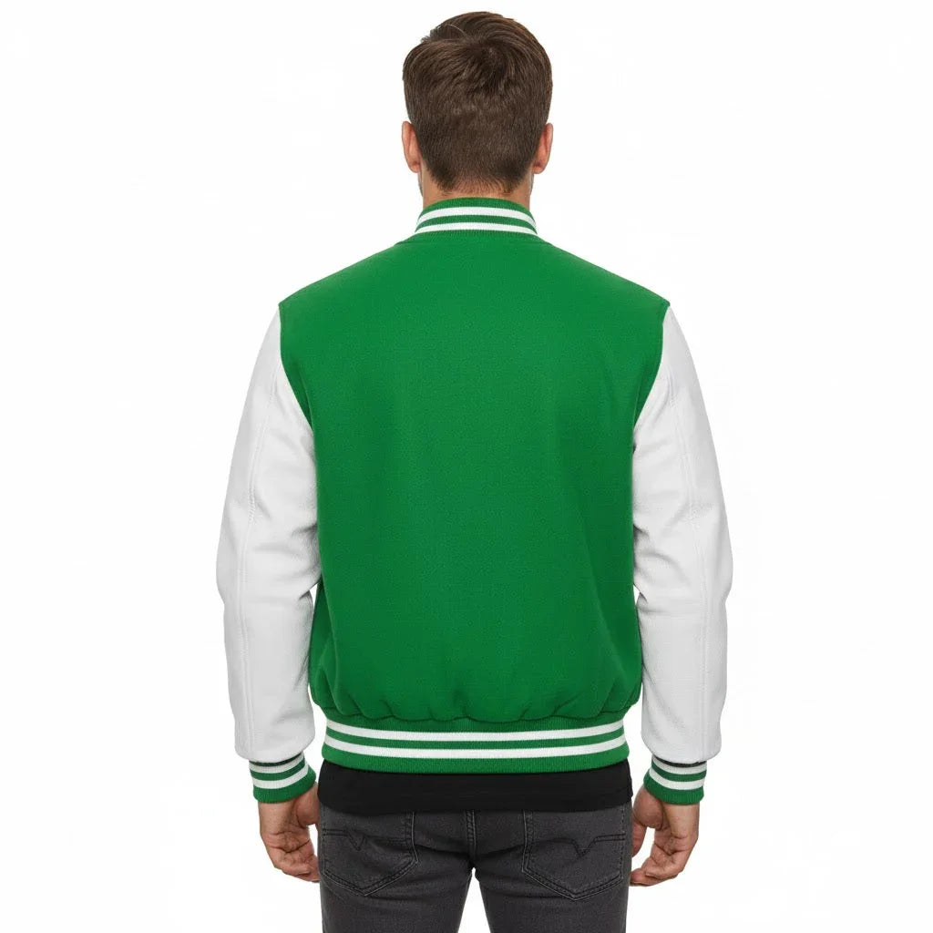 Varsity Bomber Letterman Kelly Green Wool & White Real Leather Sleeves Jacket