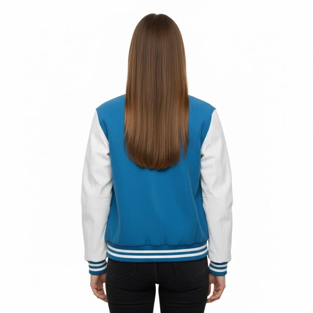 Women's Varsity Letterman Sky Wool & White Real Leather Sleeves Bomber Jacket