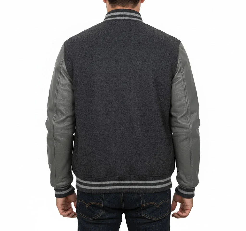 Varsity Bomber Letterman Dark Grey Wool & Gray Real Leather Sleeves Jacket