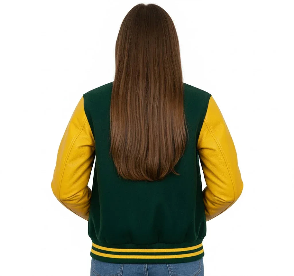Women's Varsity Bomber Letterman Forest Green Wool & Yellow Real Leather Sleeves Jacket