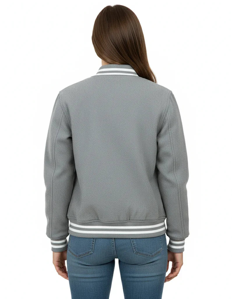 All Wool Women's Varsity Bomber Letterman Lt.Grey Jacket