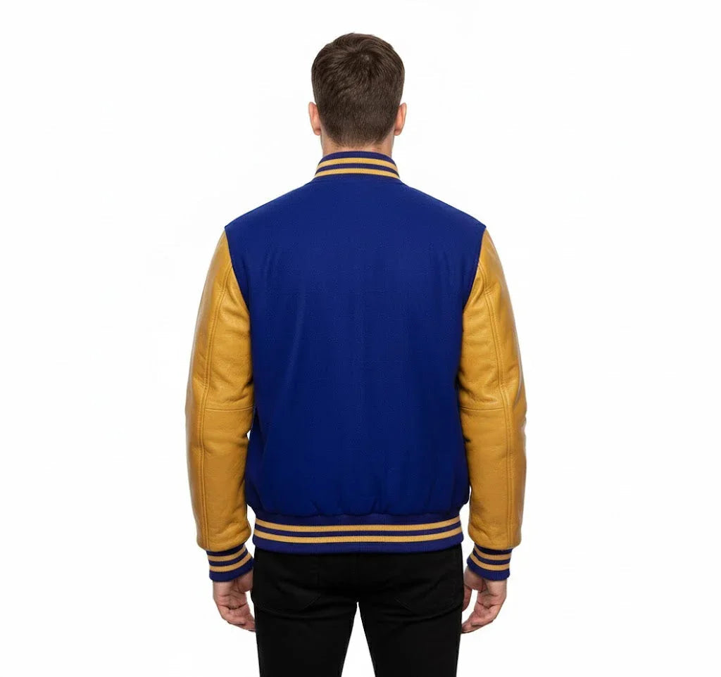 Varsity Bomber Letterman Royal Blue Wool & Gold Real Leather Sleeves Jacket