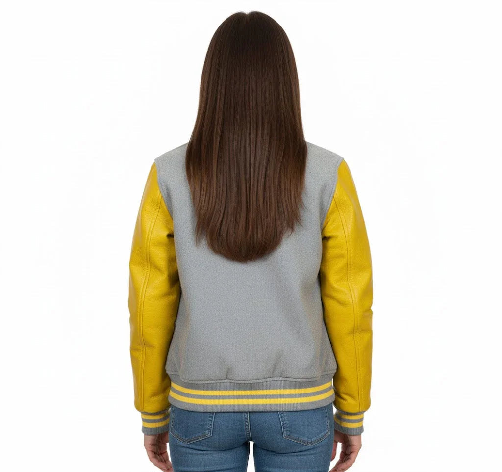Women's Varsity Bomber Letterman Lt.Grey Wool & Yellow Real Leather Sleeves Jacket