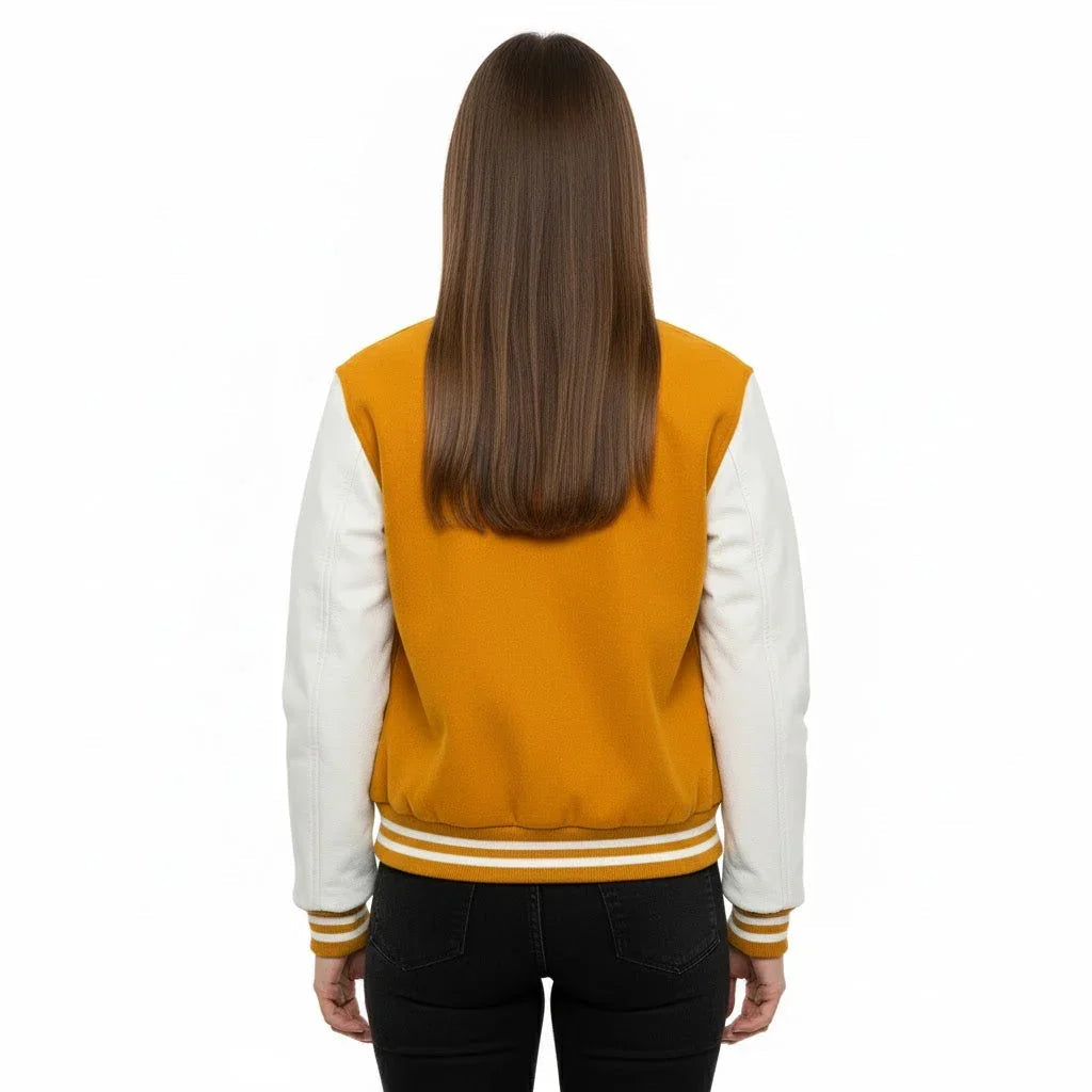 Women's Varsity Letterman Yellow Wool & White Real Leather Sleeves Bomber Jacket