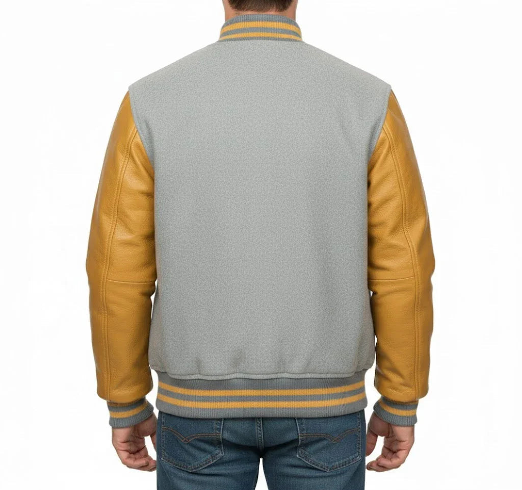 Varsity Bomber Letterman Lt.Gray Wool & Gold Real Leather Sleeves Jacket