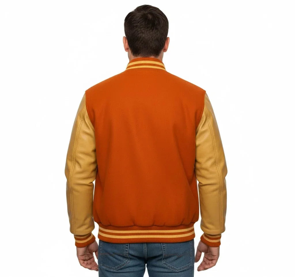 Varsity Bomber Letterman Orange Wool & Gold Real Leather Sleeves Jacket