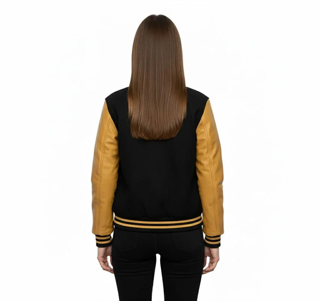 Women's Varsity Bomber Letterman Black Wool & Gold Real Leather Sleeves Jacket