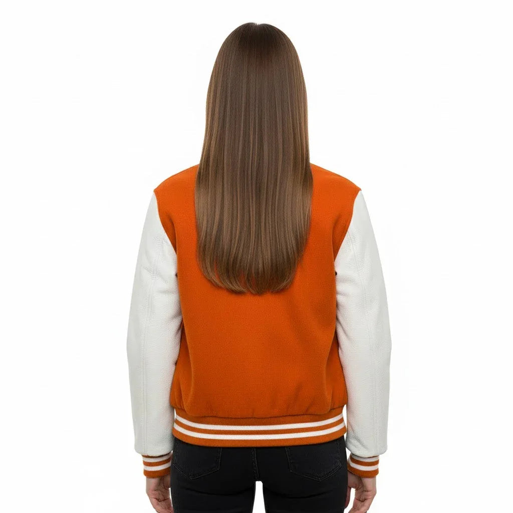 Women's Varsity Letterman Orange Wool & White Real Leather Sleeves Bomber Jacket