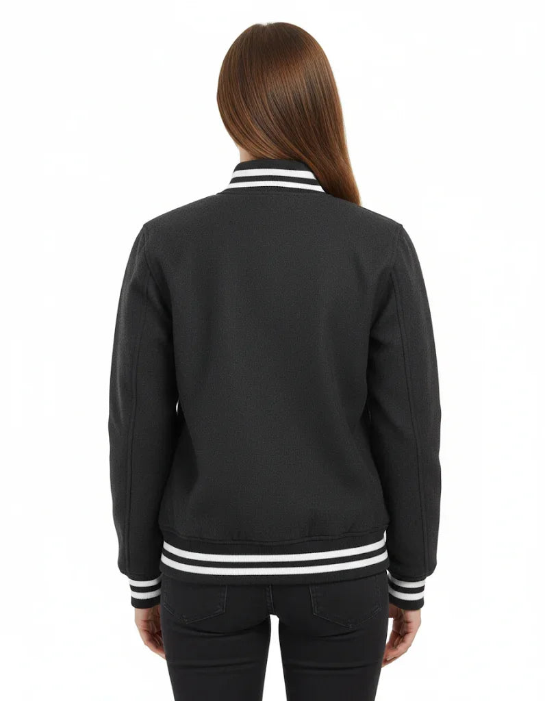 All Wool Women's Varsity Bomber Letterman Dark Grey Jacket