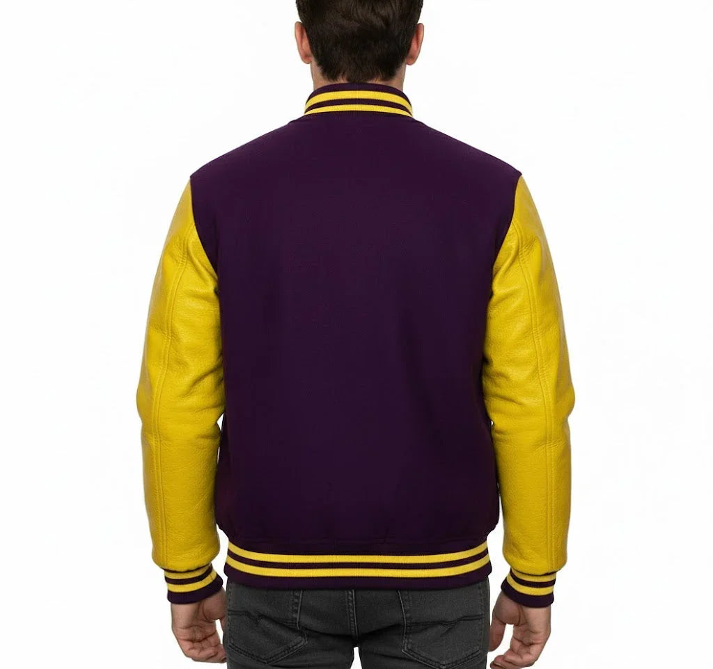 Varsity Bomber Letterman Purple Wool & Yellow Real Leather Sleeves Jacket