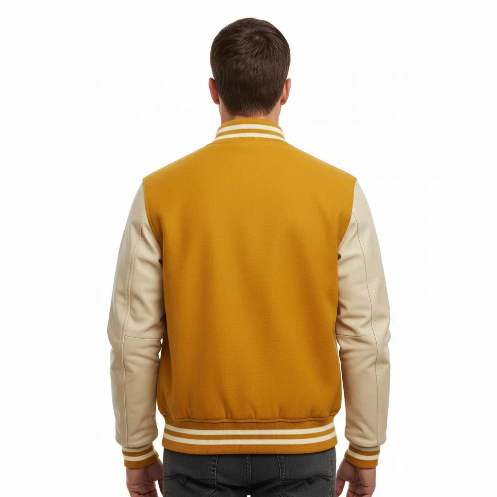 Varsity Bomber Letterman Yellow Wool & Cream Real Leather Sleeves Jacket