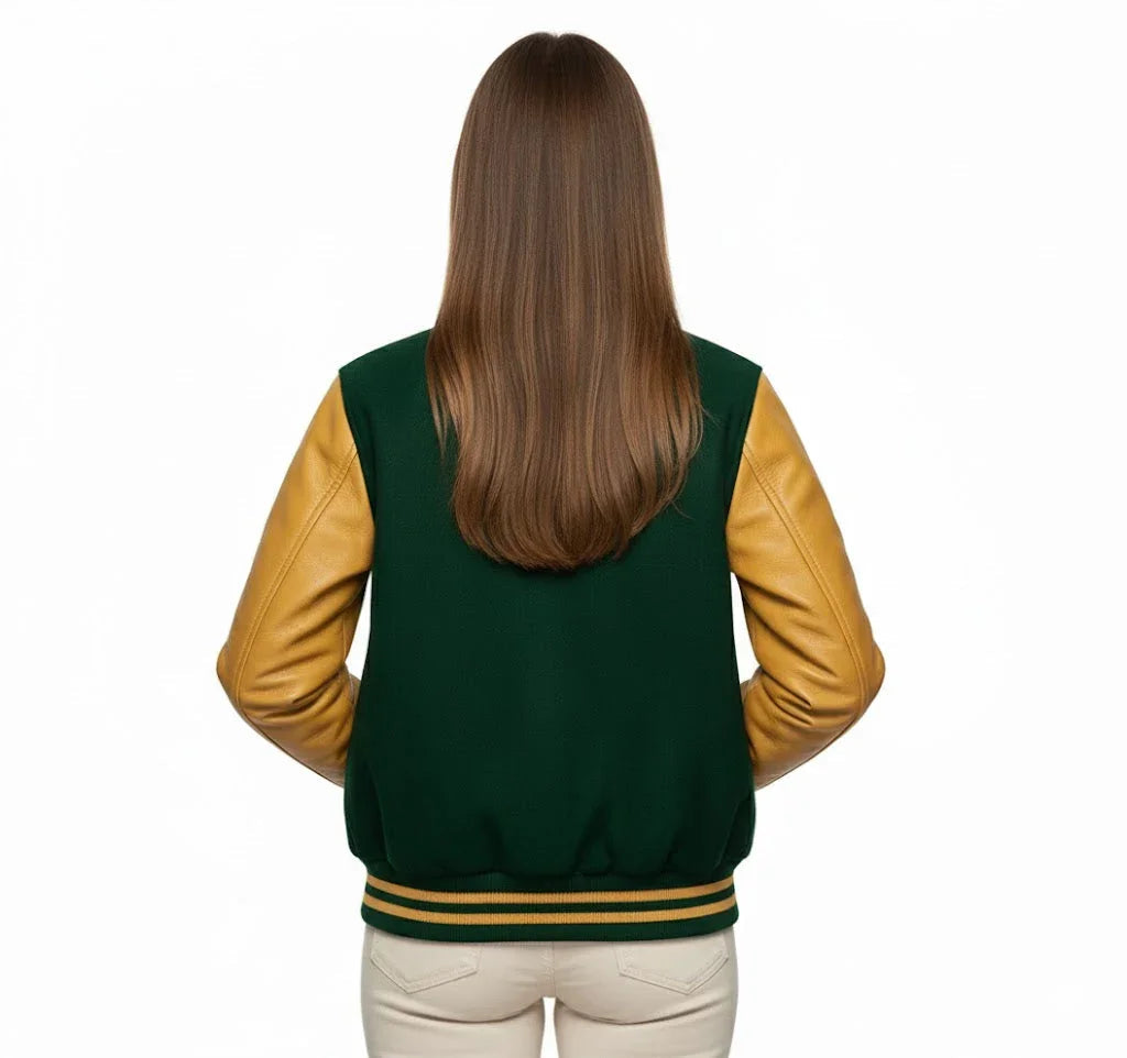 Women's Varsity Bomber Letterman Forest Green Wool & Gold Real Leather Sleeves Jacket