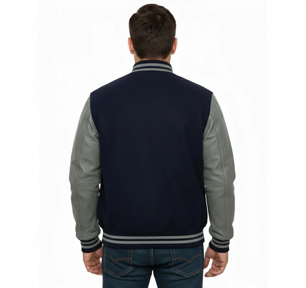 Varsity Bomber Letterman Navy Wool & Gray Real Leather Sleeves Jacket