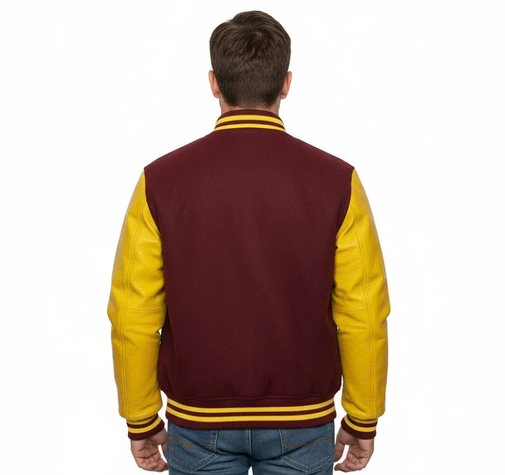 Varsity Bomber Letterman Maroon Wool & Yellow Real Leather Sleeves Jacket