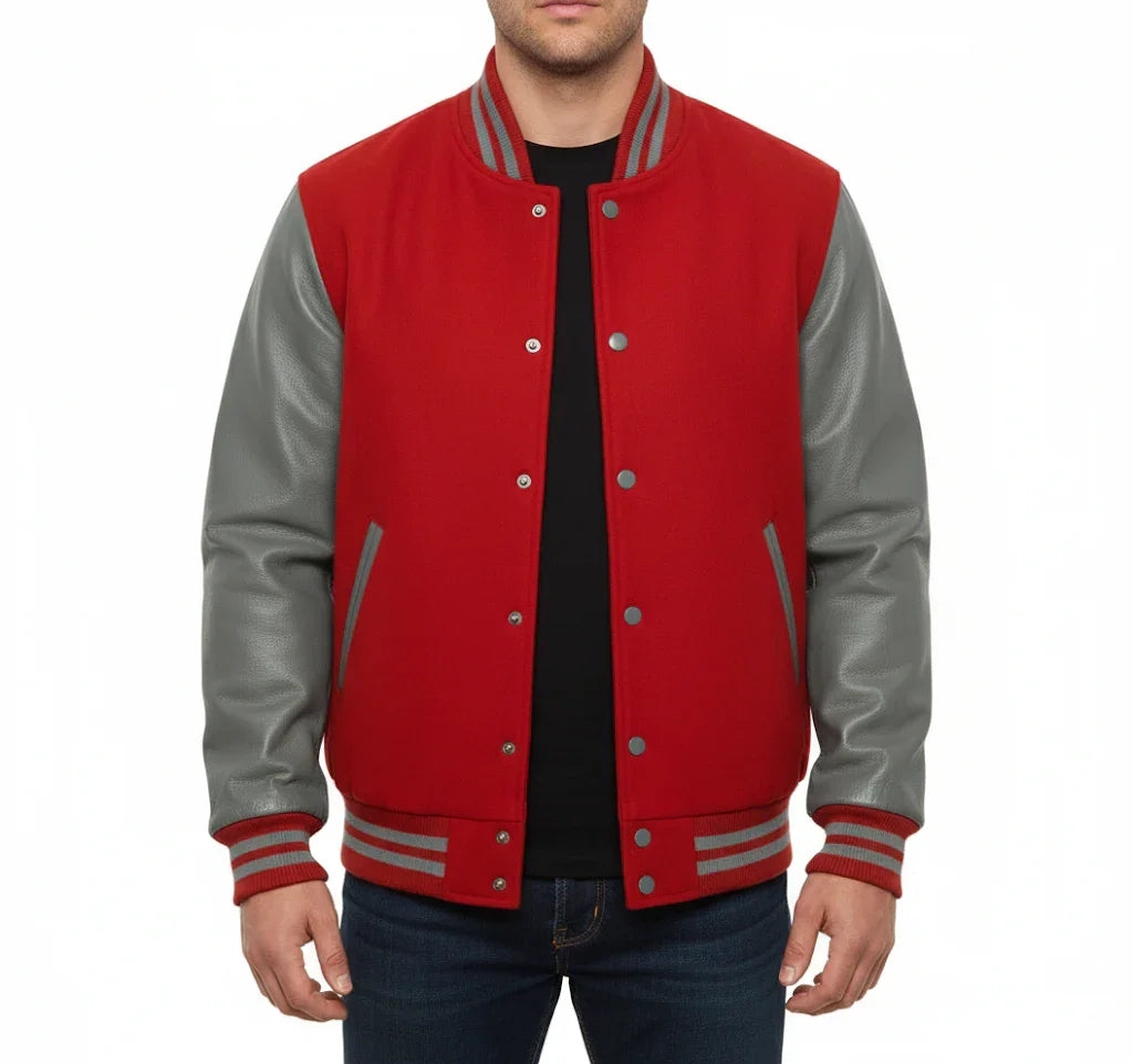 Varsity Bomber Letterman Red Wool & Gray Real Leather Sleeves Jacket