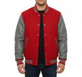 Varsity Bomber Letterman Red Wool & Gray Real Leather Sleeves Jacket