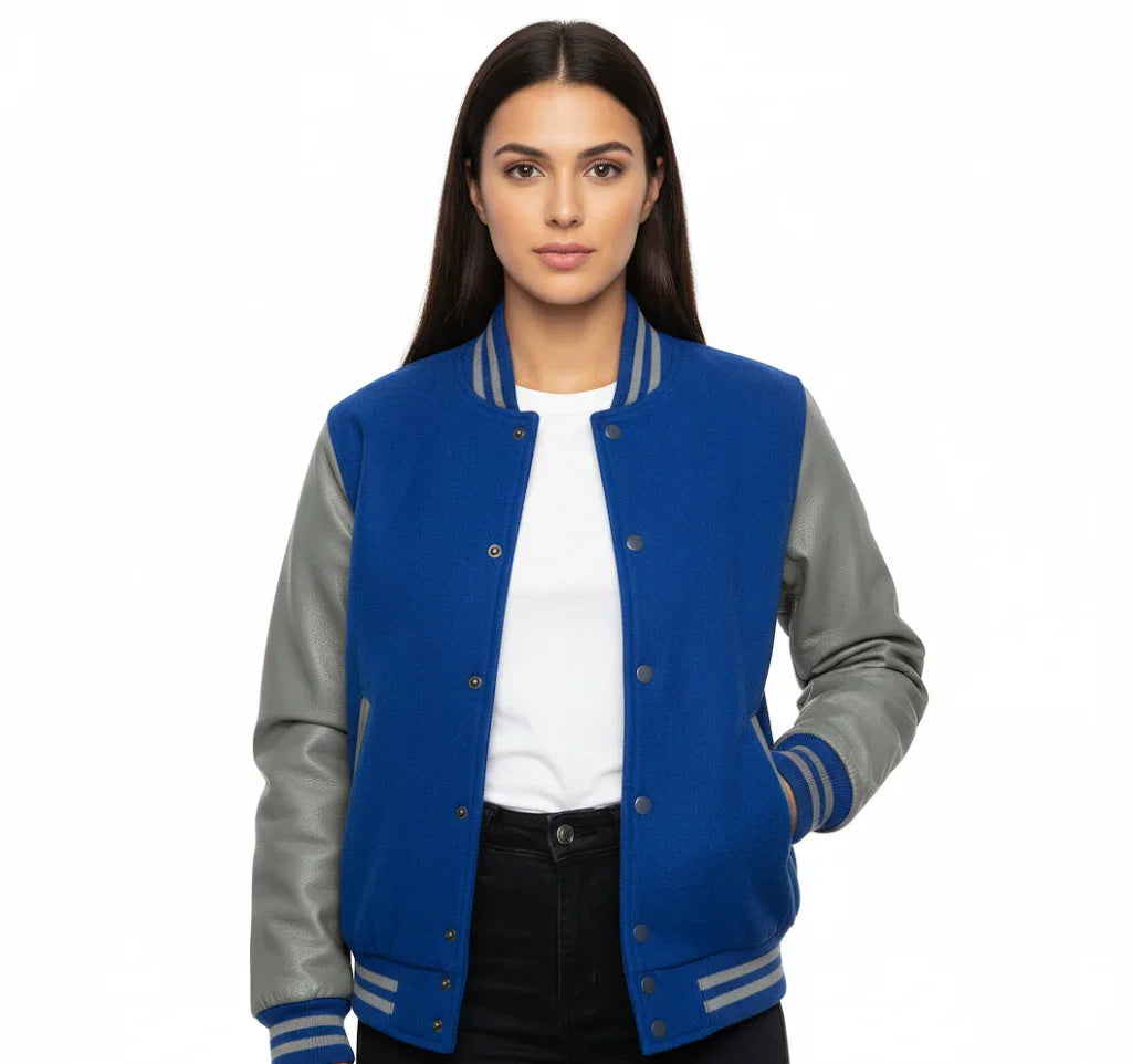 Women's Varsity Bomber Letterman Royal Wool & Gray Real Leather Sleeves Jacket