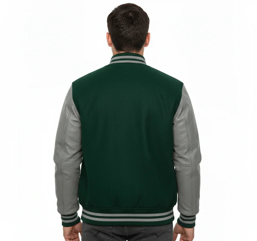 Varsity Bomber Letterman Forest Green Wool & Gray Real Leather Sleeves Jacket