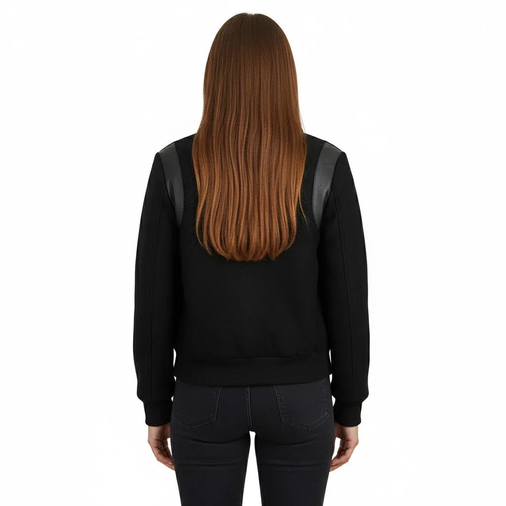All Wool Women's Varsity Bomber Letterman Black Single Leather Stripe Jacket