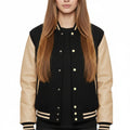 Women's Varsity Bomber Letterman Black Wool & Cream Real Leather Sleeves Jacket